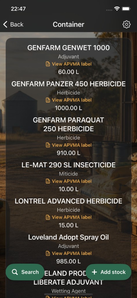 Chemical inventory list with product balances
