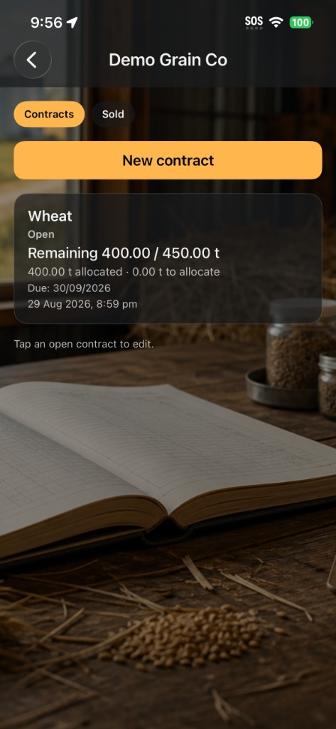 Customer contracts screen showing open wheat contract and allocations