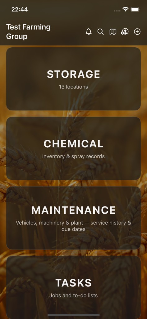 Farm Records home screen — Storage, Chemical, and Maintenance